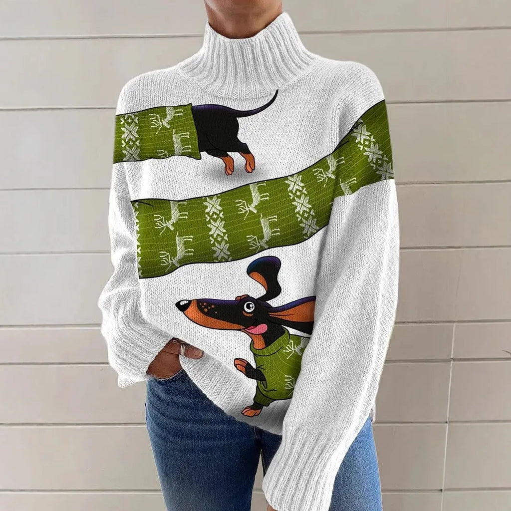 Women's Christmas printed turtleneck sweater in loose fit with painting pattern and macaron colours