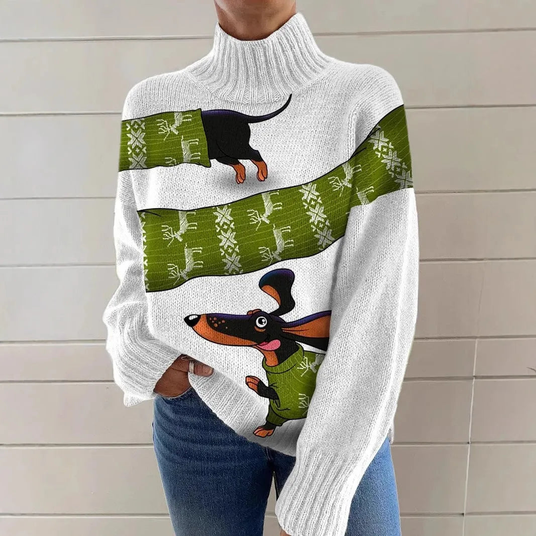 Women's Christmas printed turtleneck sweater in loose fit with painting pattern and macaron colours