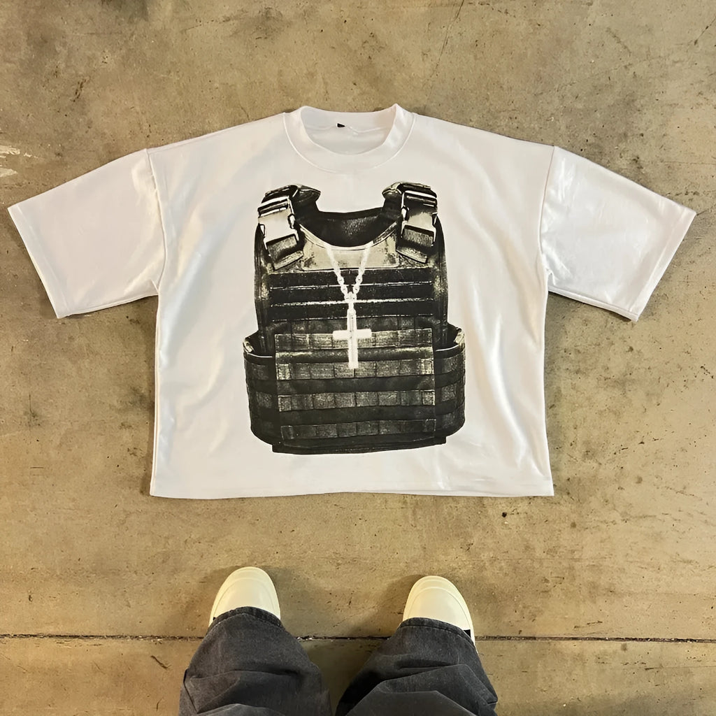 Printed cotton short sleeve t-shirt with retro street style and drop shoulder design in contrast colours