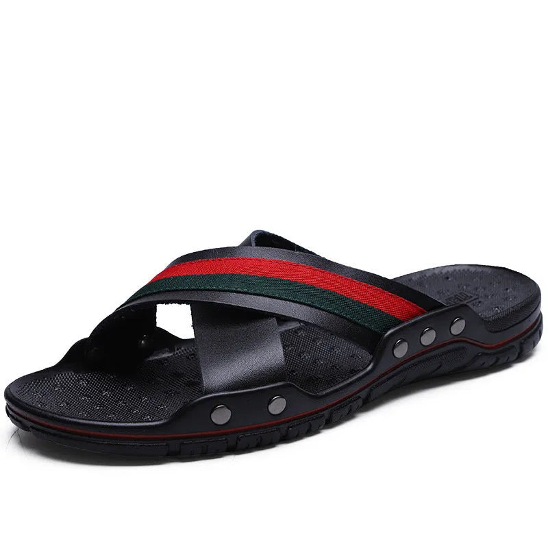Men's cowhide and PU flip-flop sandals in white, blue, or black on a size chart.
