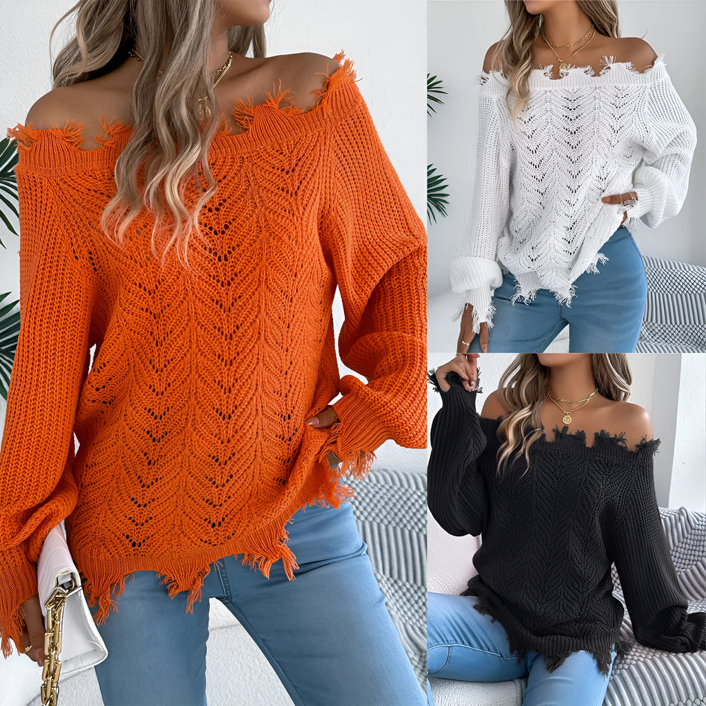 Hollow-out design cut off-the-shoulder long sleeve pullover sweater in acrylic fibre.
