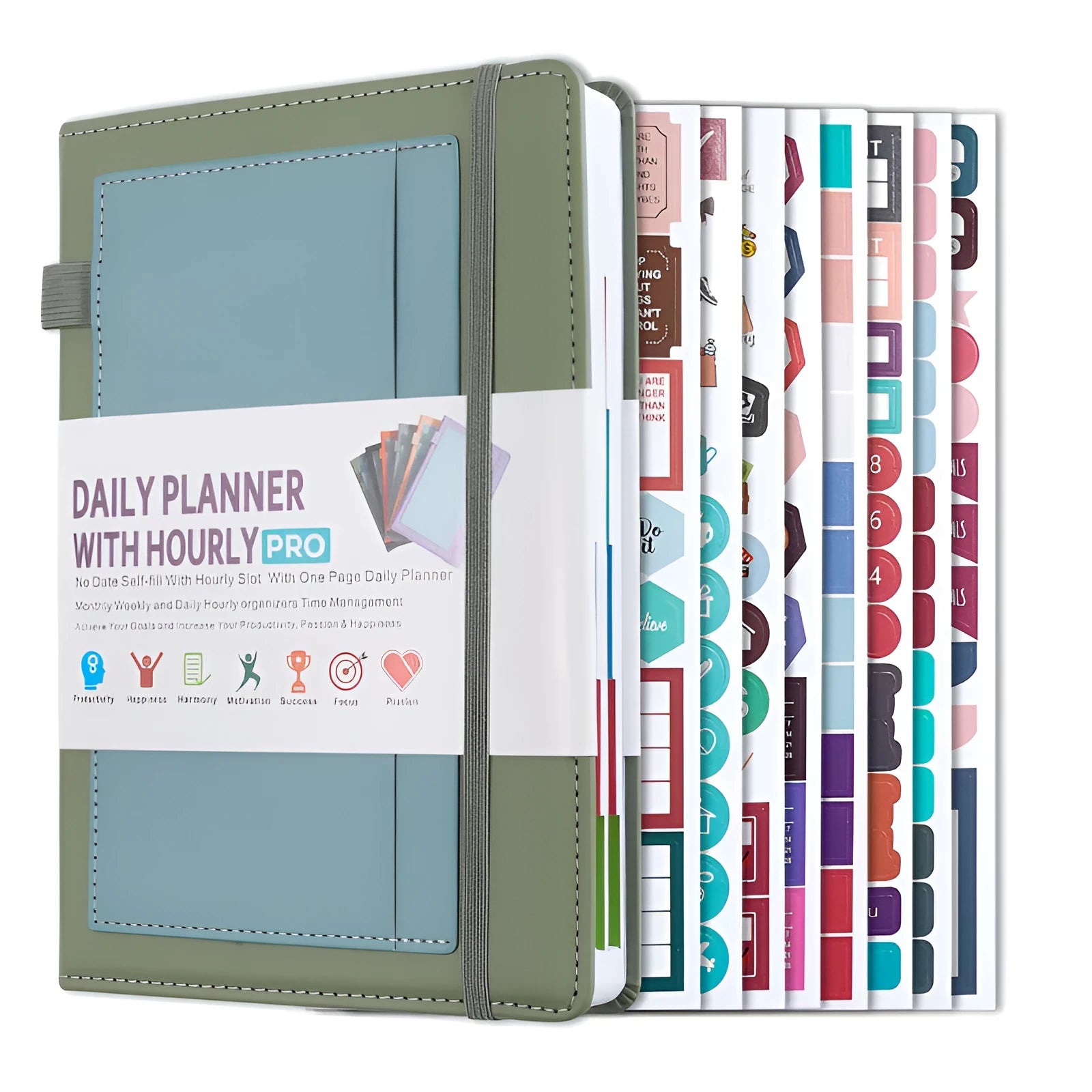 Open no-date notebook with thread binding, showing 80g wood-free paper and planning stickers on a purple PU leather cover.