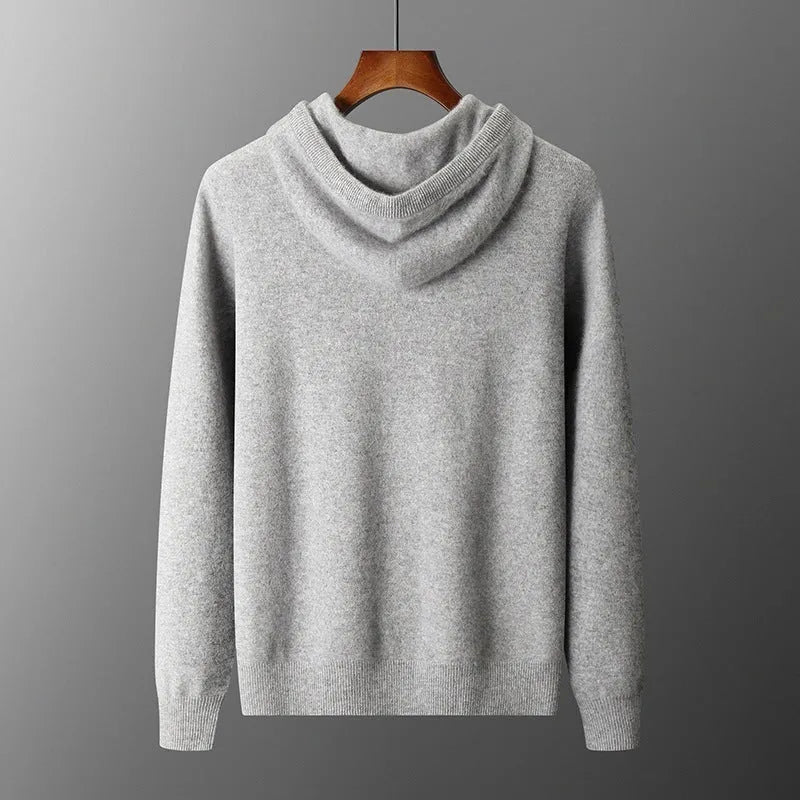 Men's grey hooded cashmere sweater and trousers set for winter casual wear