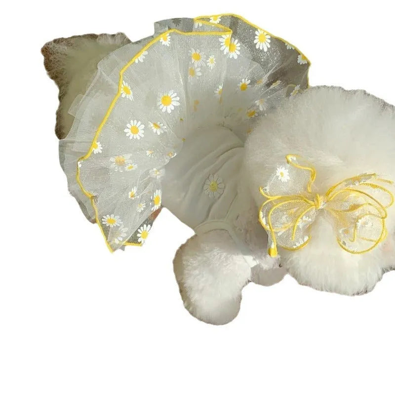 Yellow daisy patterned dog clothes for summer wear on small medium breed dog