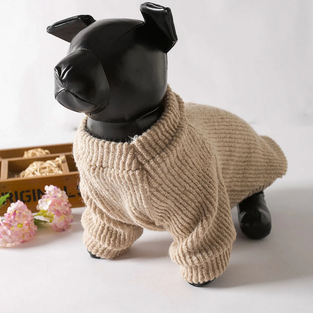 Brown cloth pullover sweater on small dog showing casual style and size fit
