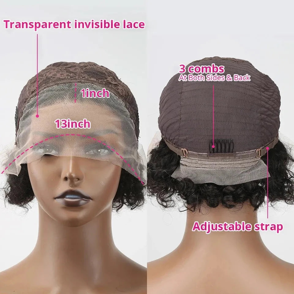 Black human hair wig with lace cover in pixie cut style, 13x1 colour