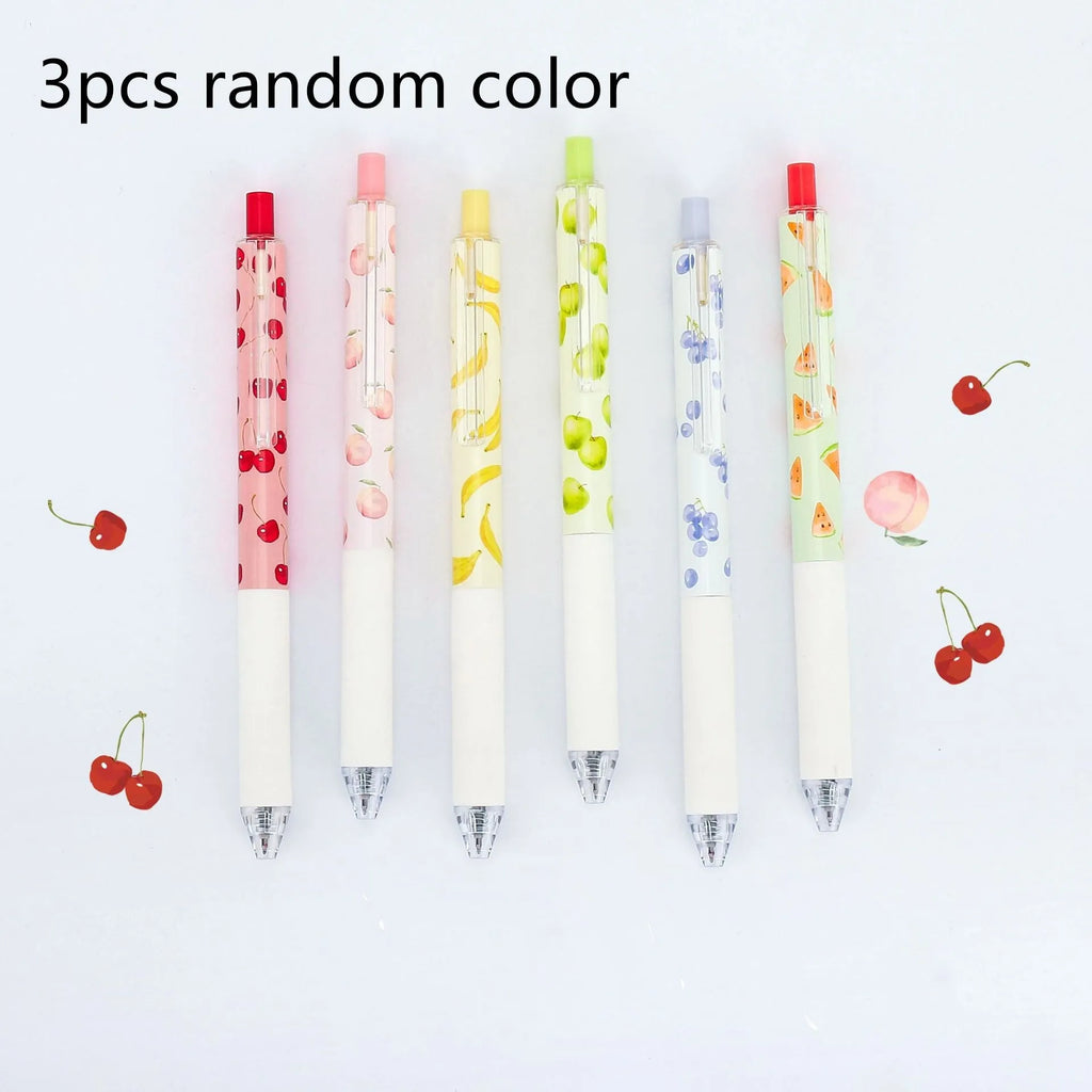 Three fruit-scented press-action pens with 0.5mm quick-drying black ink refills on writing paper