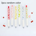 Three fruit-scented press-action pens with 0.5mm quick-drying black ink refills on writing paper