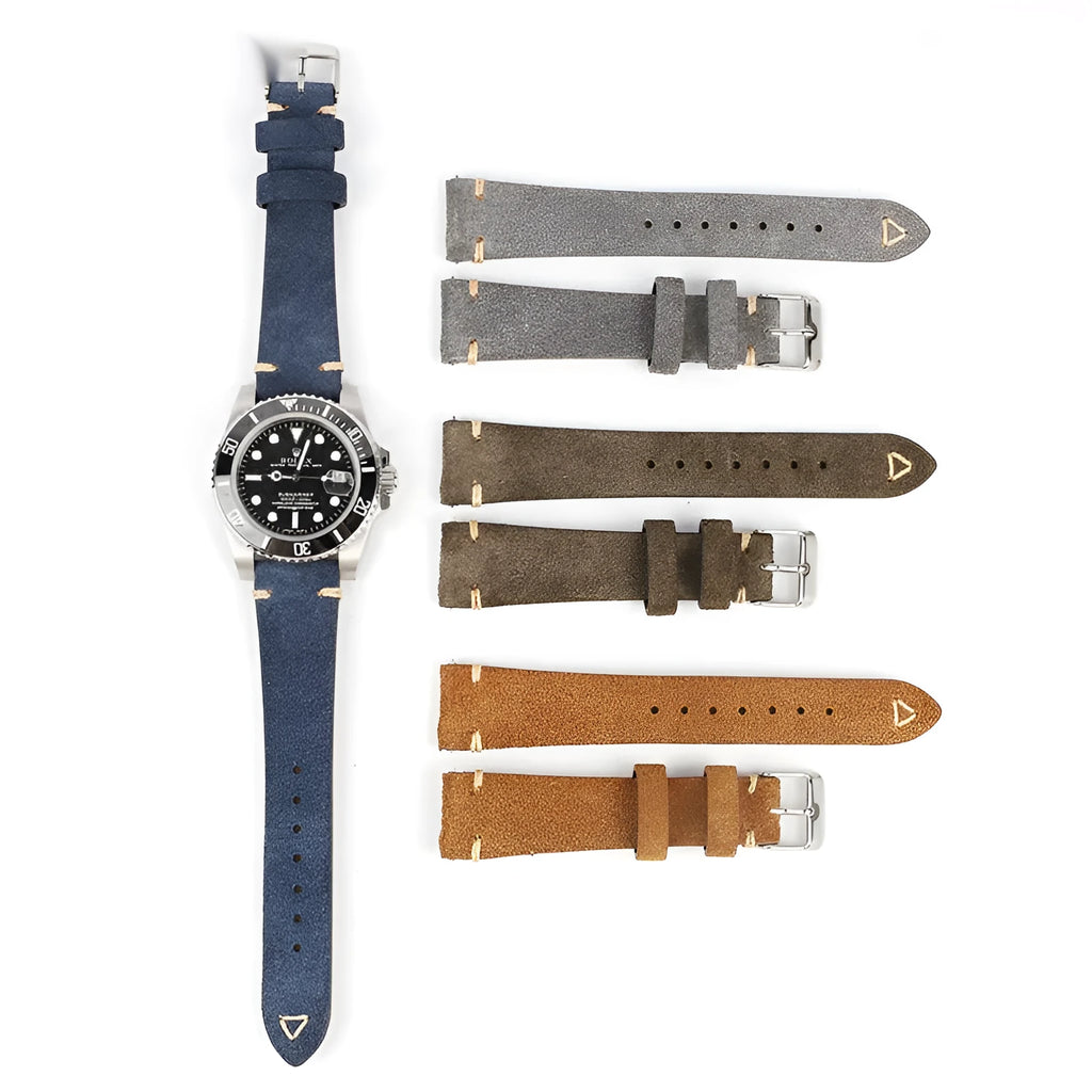 Genuine suede leather watch strap in Army Green colour showing textured surface and 22mm lug width.