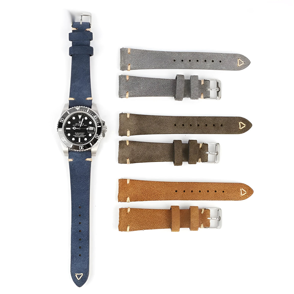 Genuine suede leather watch strap in Army Green colour showing textured surface and 22mm lug width.