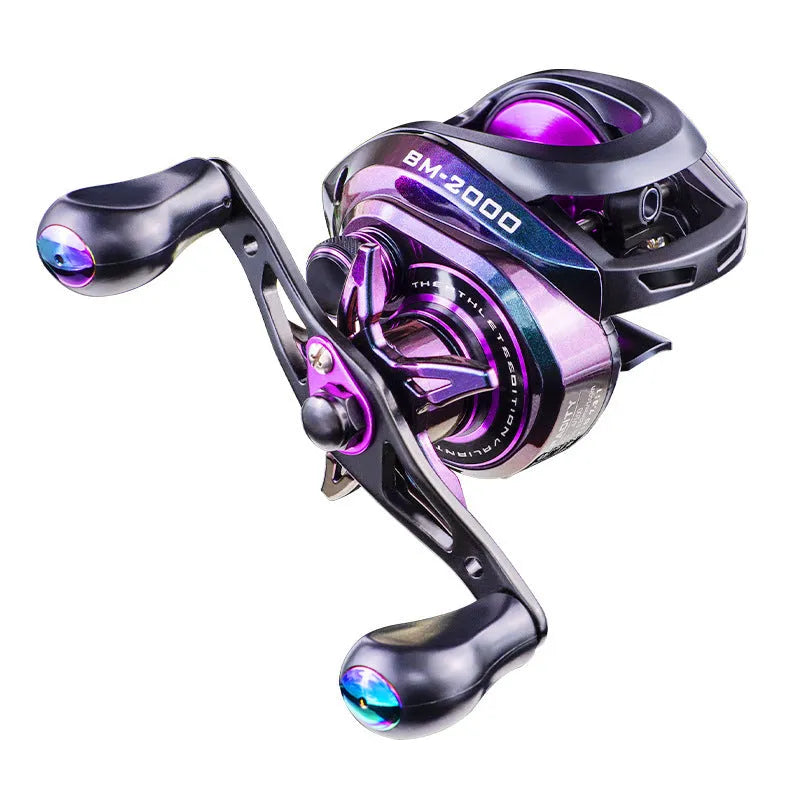 BM2000 fishing reel on a rod seat, showing left-hand and right-hand retrieve model options.