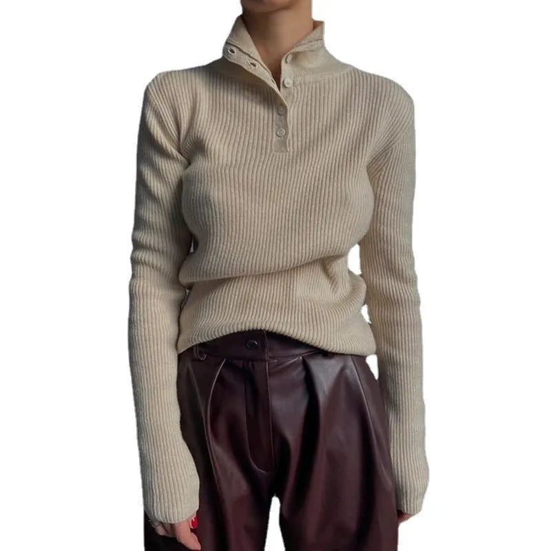 Silver gray and rice apricot retro half turtleneck pullover sweater with single-breasted placket and slim fit