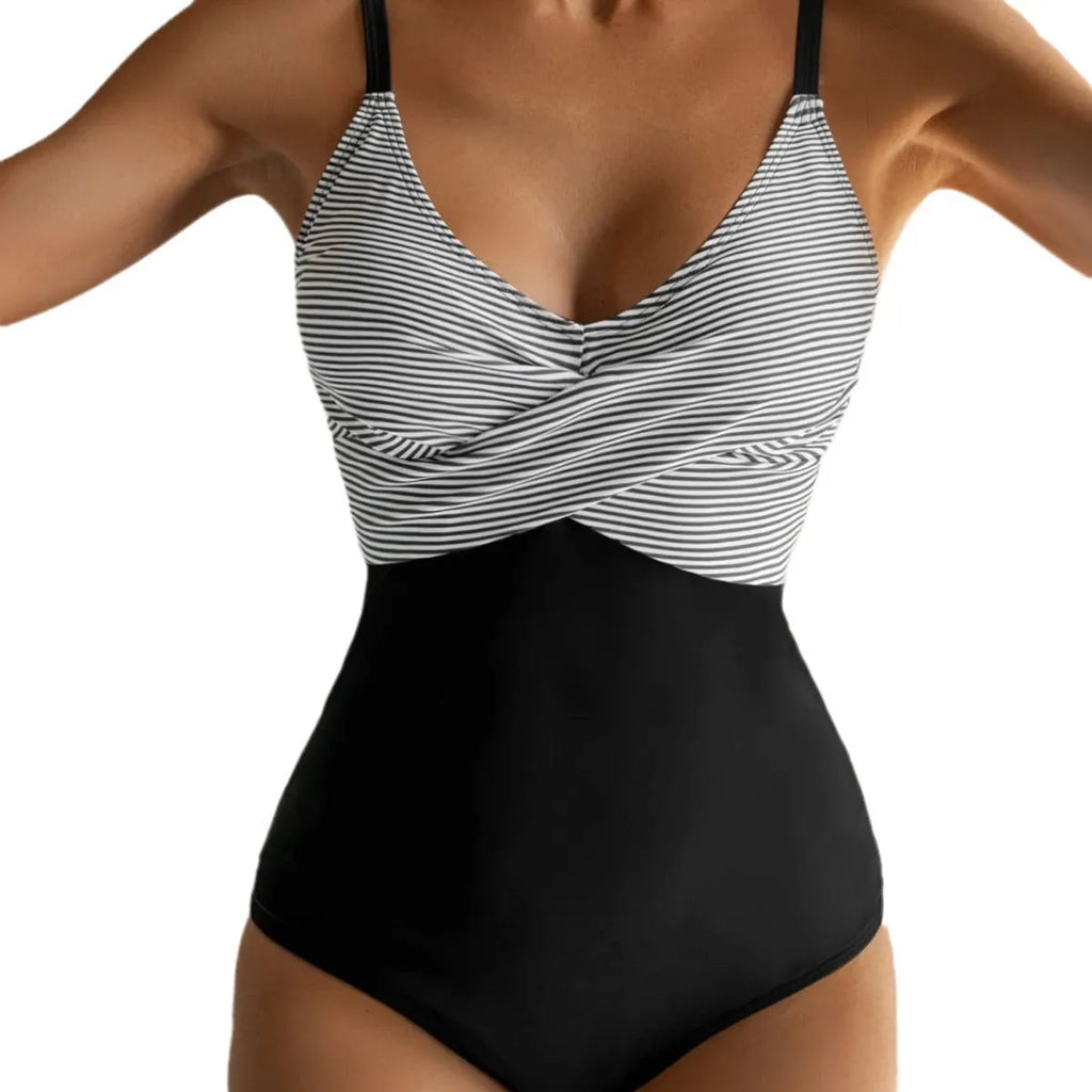 Women's printed lace-up backless one-piece bikini swimsuit in polyester.