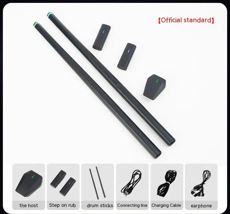 Black somatosensory air drum kit virtual AR toy with wireless drumsticks and LED lighting on a stand