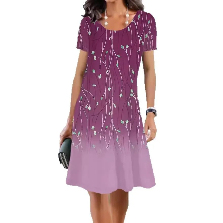 Light blue summer dress with floral print, A-line mid-length skirt, round neck and short sleeves