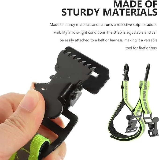 Fluorescent green reflective metal buckle clip for securing safety and work gloves.
