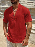 Men's stand collar short sleeve shirt in solid colour with breathable fabric for summer casual wear
