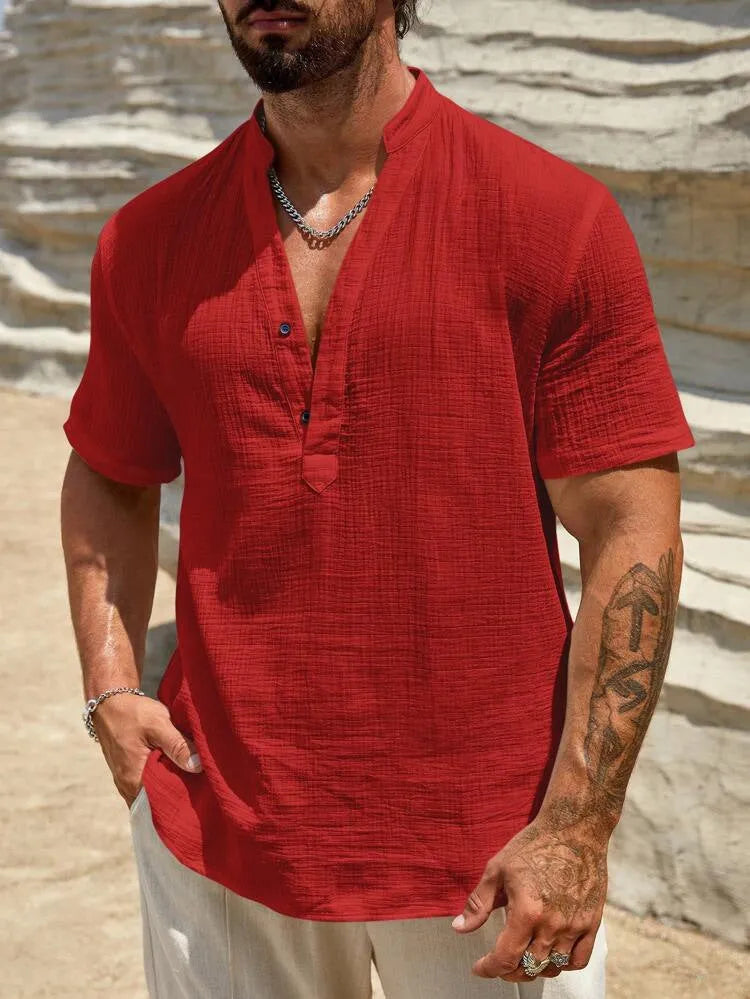 Men's stand collar short sleeve shirt in solid colour with breathable fabric for summer casual wear