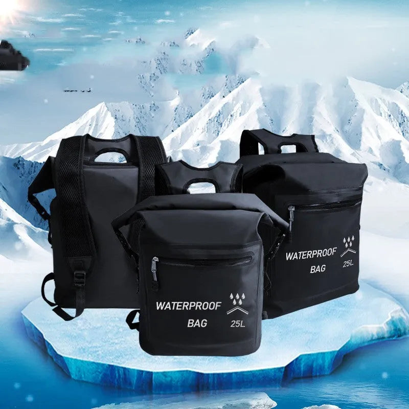 Black 25-litre waterproof backpack for swimming, river tracing and rafting