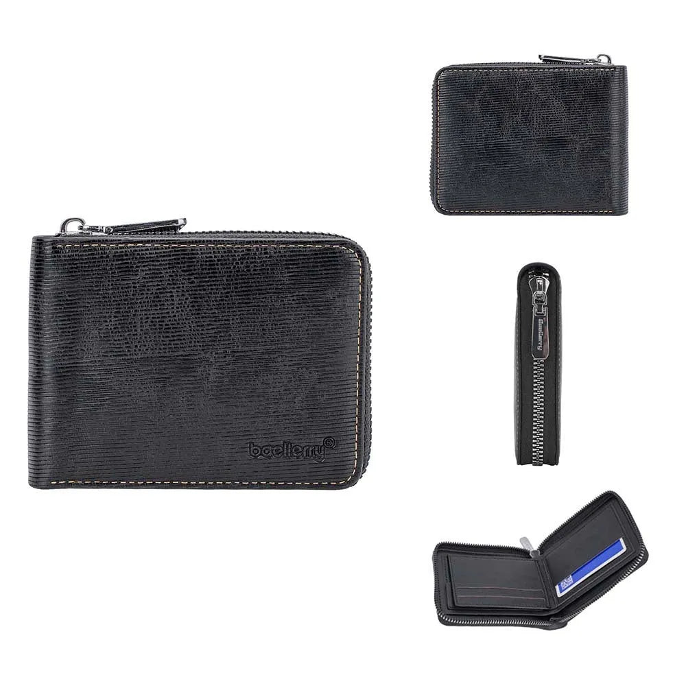Leather anti-theft credit card wallet with zipper closure in black or brown colour with embossed detail