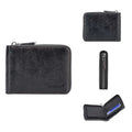 Leather anti-theft credit card wallet with zipper closure in black or brown colour with embossed detail