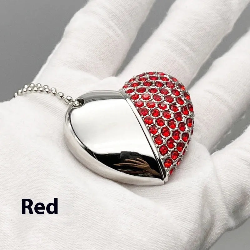 Heart-shaped USB flash drive with a brick-inlaid pattern on a metal shell, shown in multiple colour options.