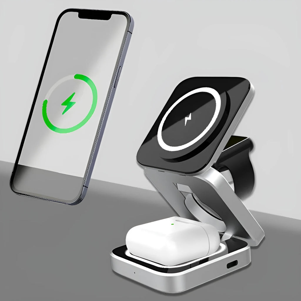 Folding three-in-one desktop wireless charging bracket with cable and magnetic ring