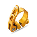 Aluminium alloy bicycle seat post clamp in black, red, gold, or blue colour options.