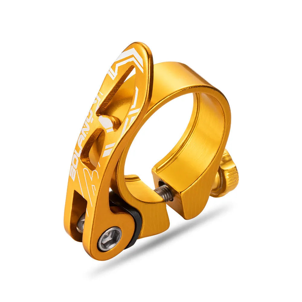 Aluminium alloy bicycle seat post clamp in black, red, gold, or blue colour options.