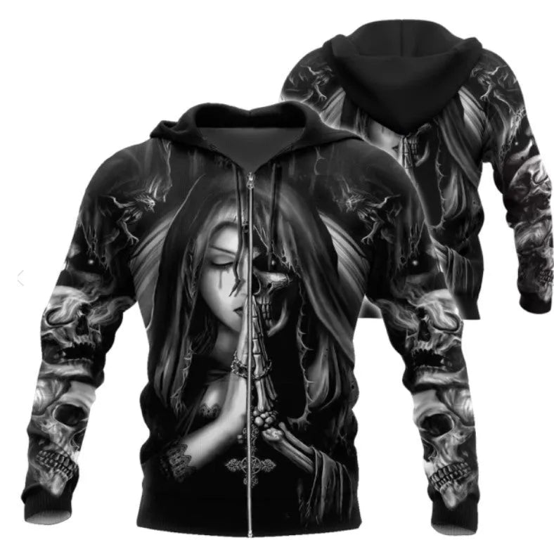 Halloween hooded sweatshirt with a 3D anime skull graphic on the front, shown in a casual style.