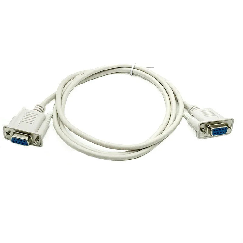 Milky white female-to-female RS232 serial cable with DB9 connectors showing 1.5 metre length