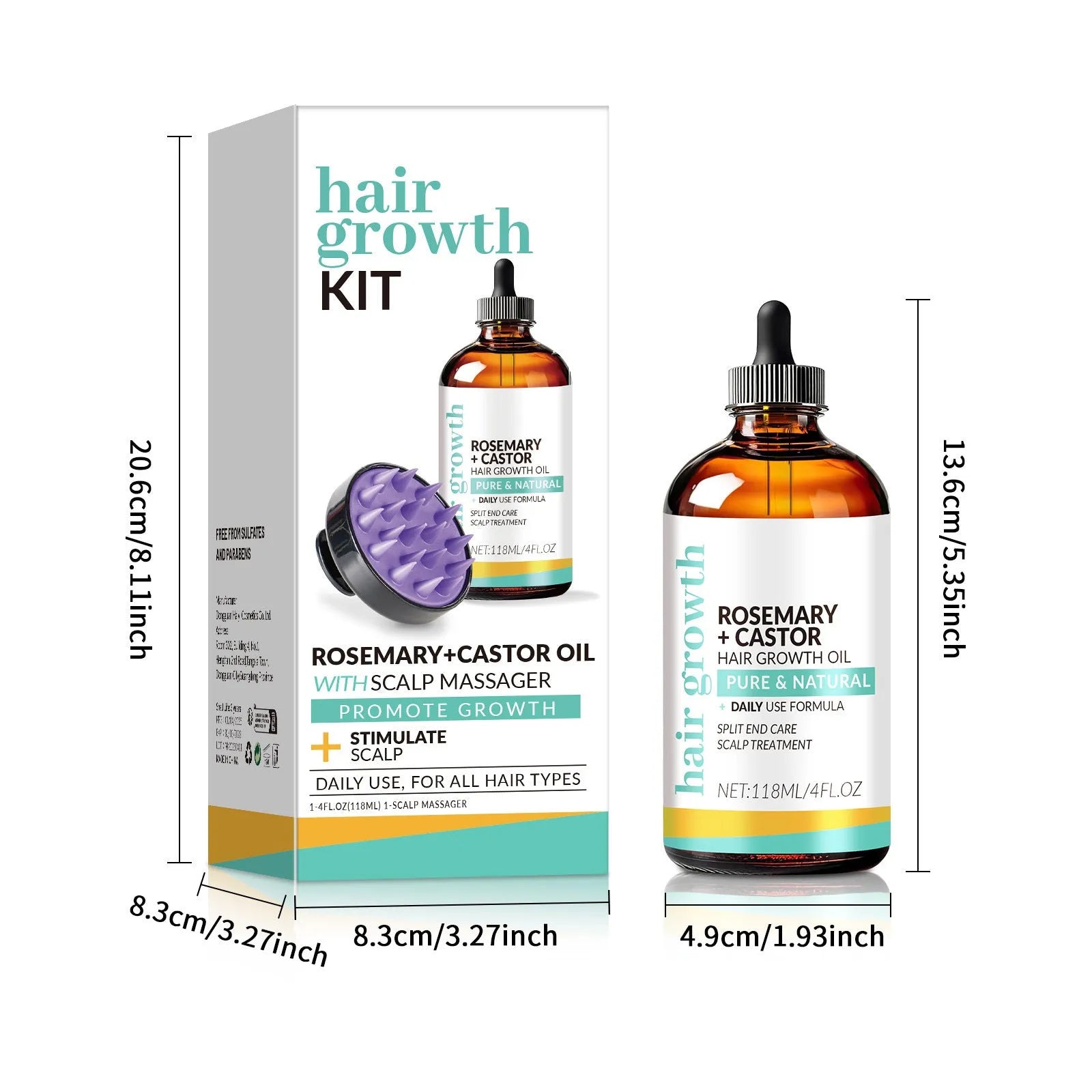 Hair treatment oil bottle with 118ml capacity and attached massage brush applicator