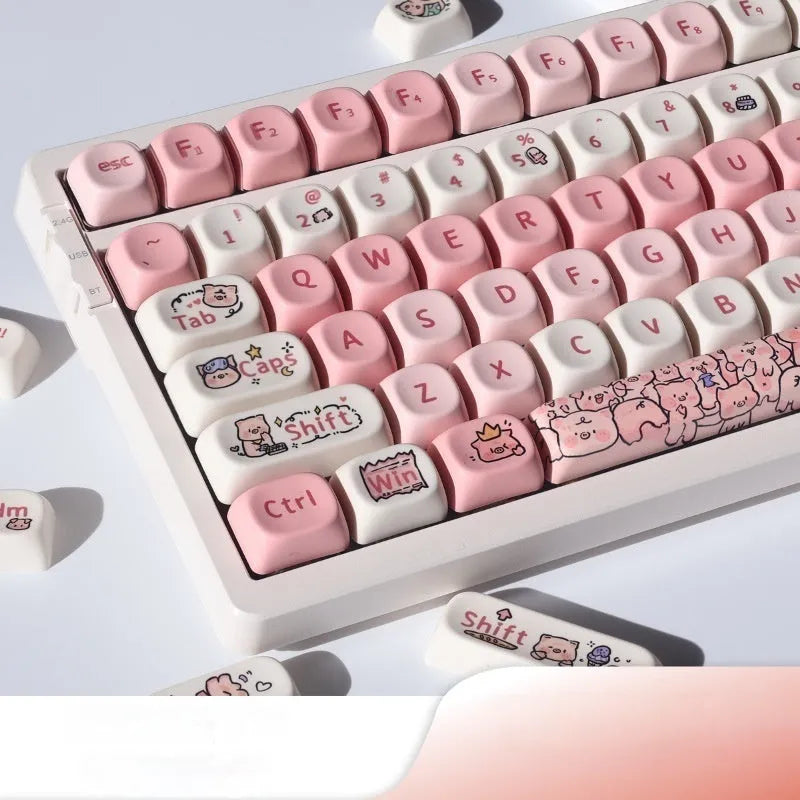 Close up of pink fragrant pig PBT keycap with MOA height profile showing five-sided sublimation design
