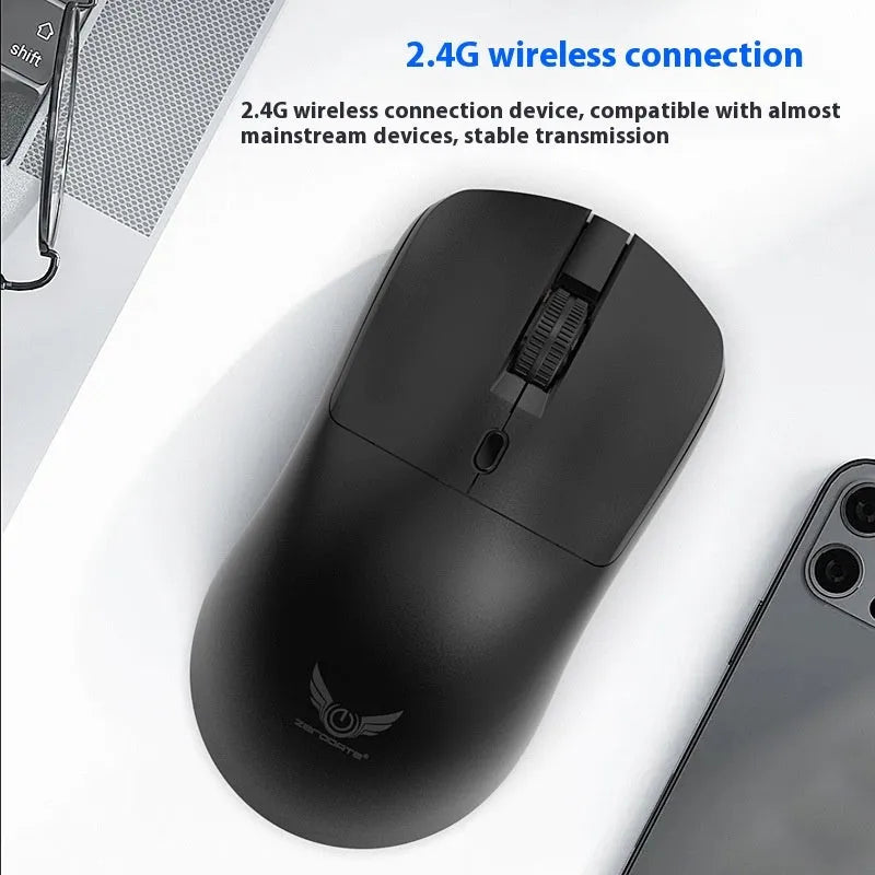 Black wireless mouse with DPI switch and audio buttons on side