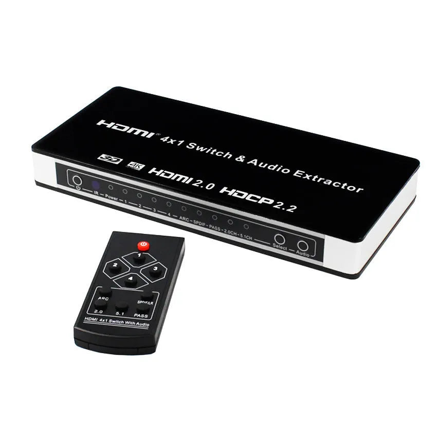 Black HDMI audio extractor switch with 4 inputs 1 output and remote control