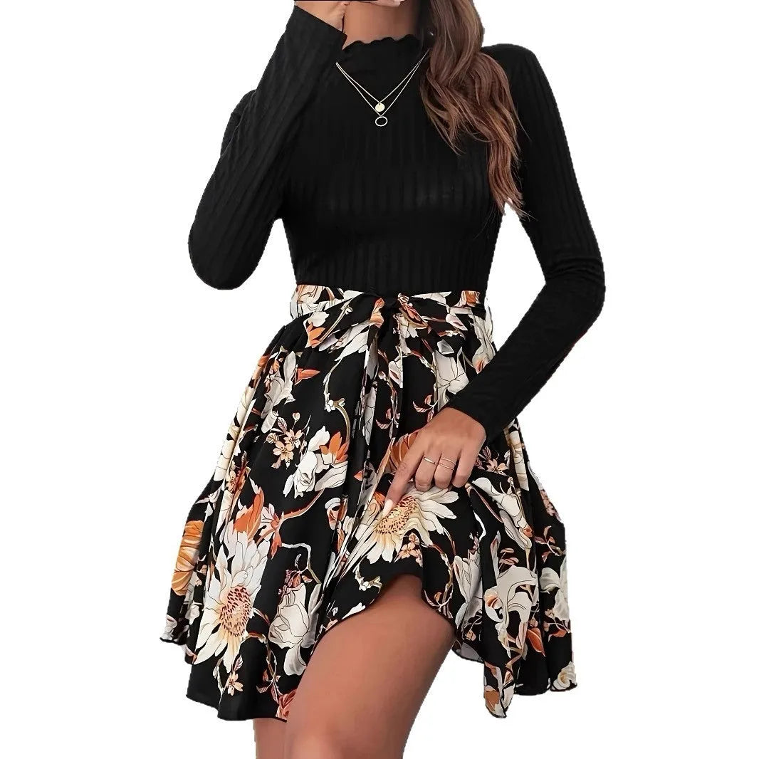 Black long sleeve round neck belt dress with plant and flower print, A-line high waist skirt, sizes S to XL