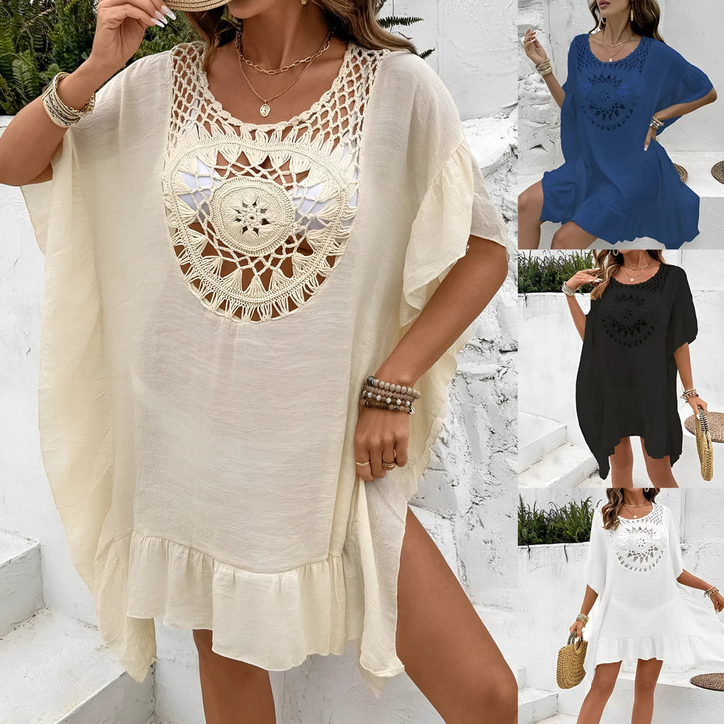 Beach dress swimsuit with patchwork skirt featuring crochet stitching and tassel details