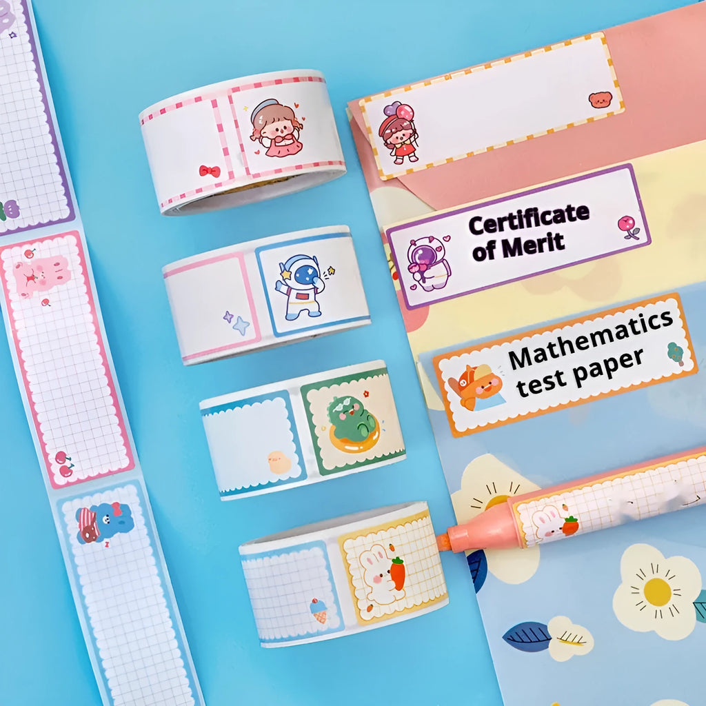 Roll of colourful cartoon name stickers showing dinosaur, astronaut, rabbit, and girl designs for labelling