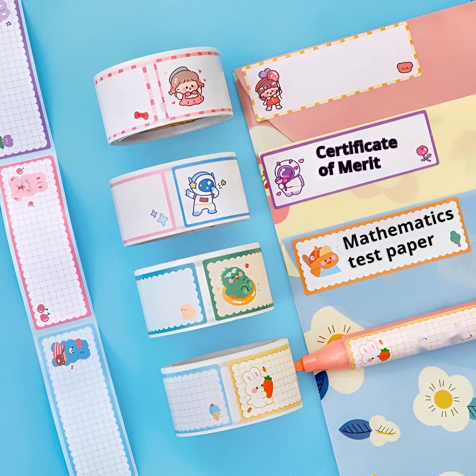 Roll of colourful cartoon name stickers showing dinosaur, astronaut, rabbit, and girl designs for labelling