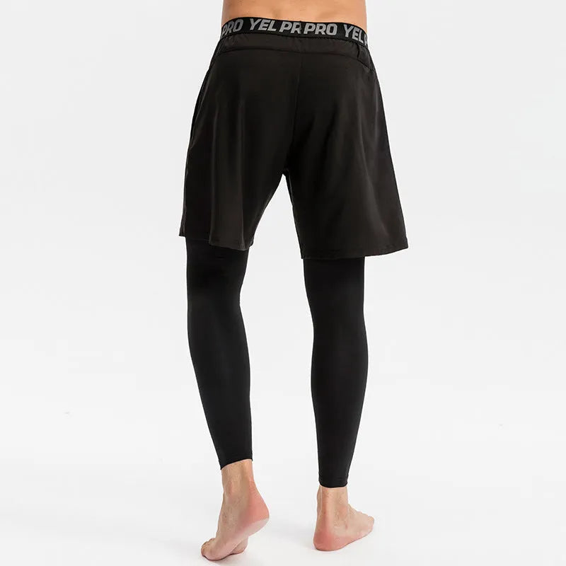 Man wearing grey quick-drying tight-fit polyester spandex sports pants for running.