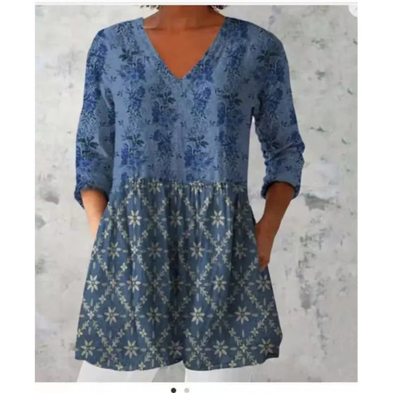 Women's printed loose dress with wave pattern, wide waistband, and 3/4 sleeves in polyester fabric