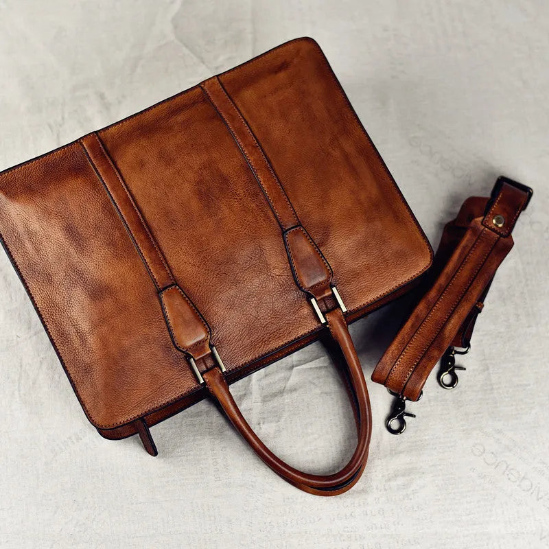 Men's 14-inch vegetable tanned leather business handbag in horizontal square design