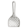 Grey plastic cat litter scoop with an attached base and a handle.