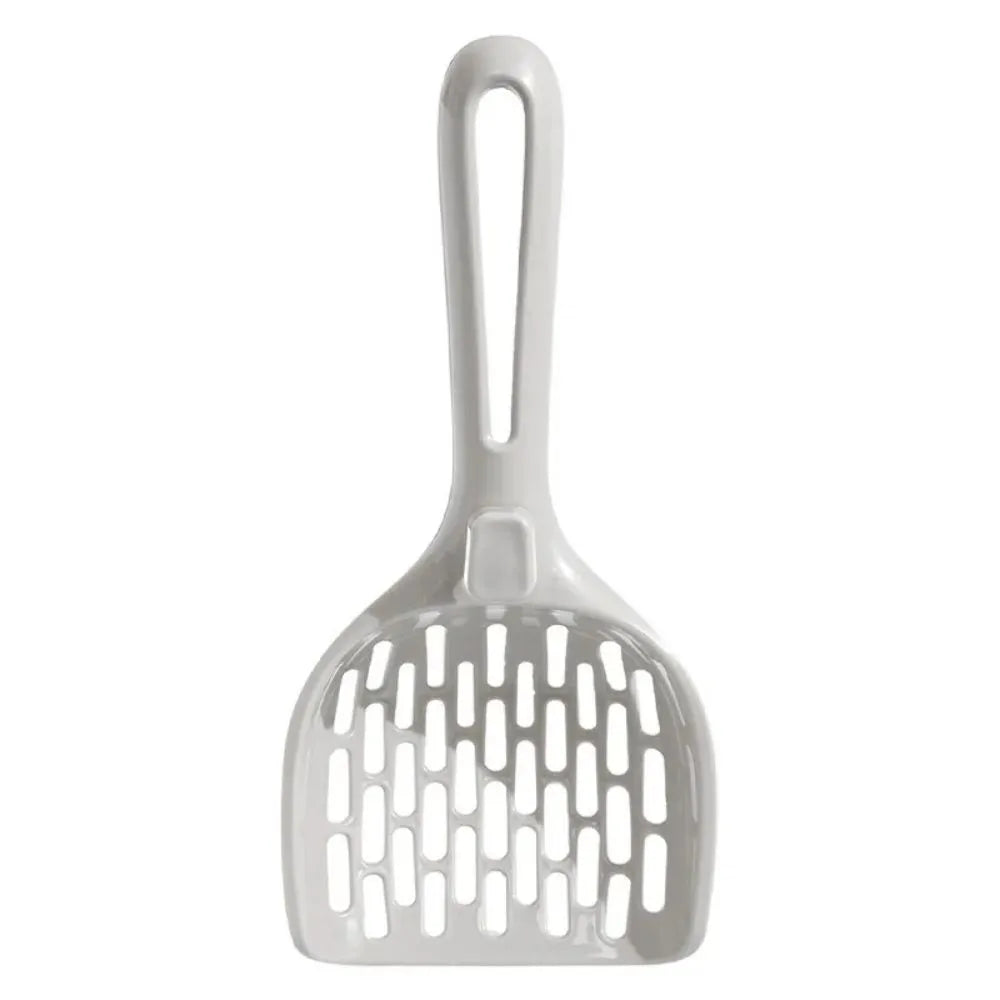 Grey plastic cat litter scoop with an attached base and a handle.