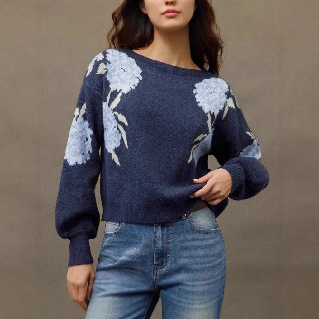 Sapphire blue women's pullover with floral jacquard pattern, loose fit with regular sleeves