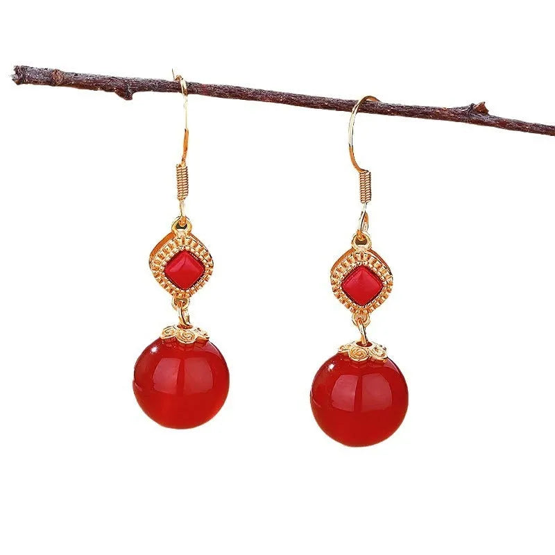 Southern red agate round bead earrings with S925 silver inlaid jasper geometric design on copper alloy