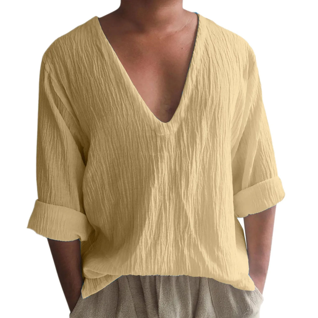 Men's long sleeve V-neck t-shirt in washed cotton fabric showing collage stitching detail