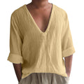 Men's long sleeve V-neck t-shirt in washed cotton fabric showing collage stitching detail
