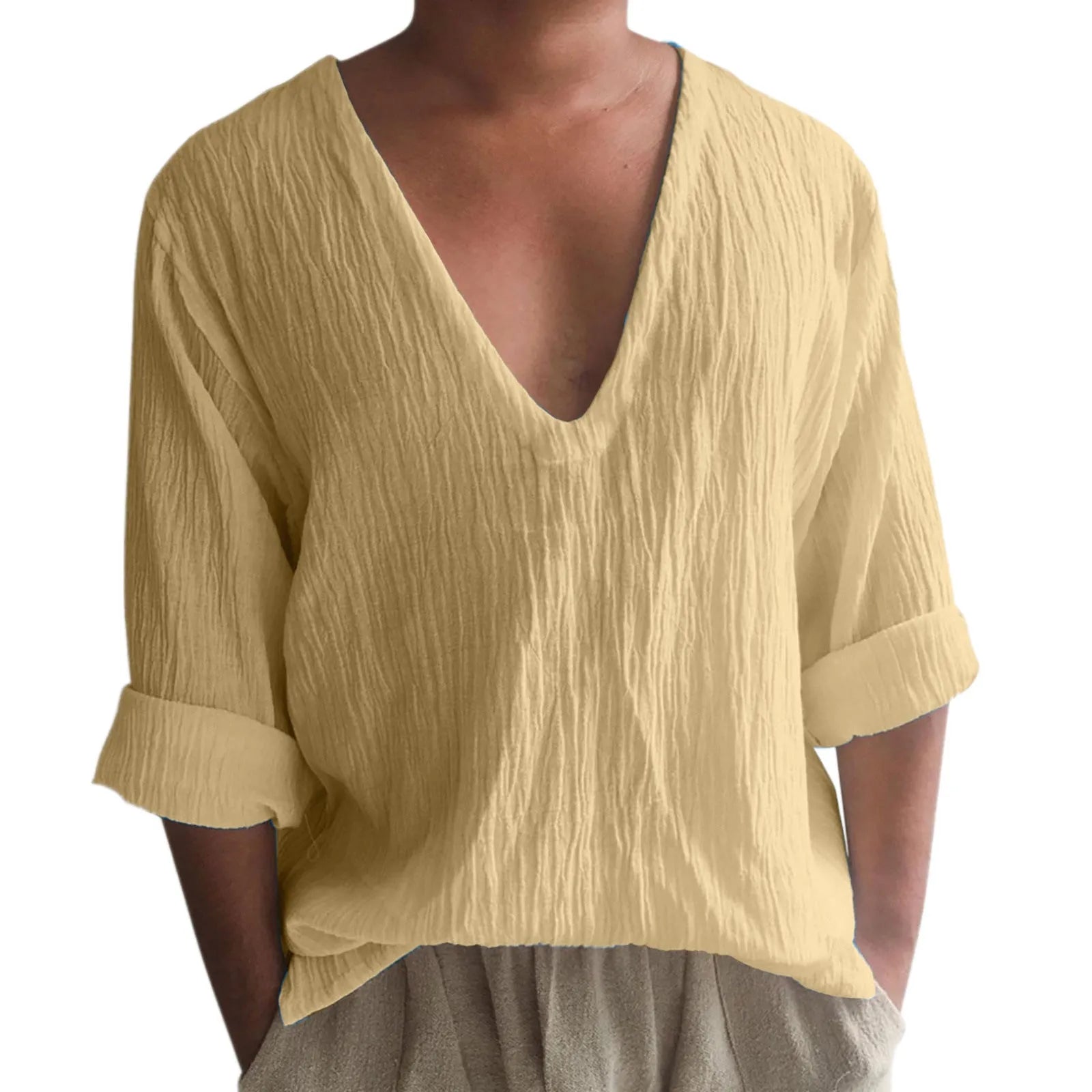 Men's long sleeve V-neck t-shirt in washed cotton fabric showing collage stitching detail