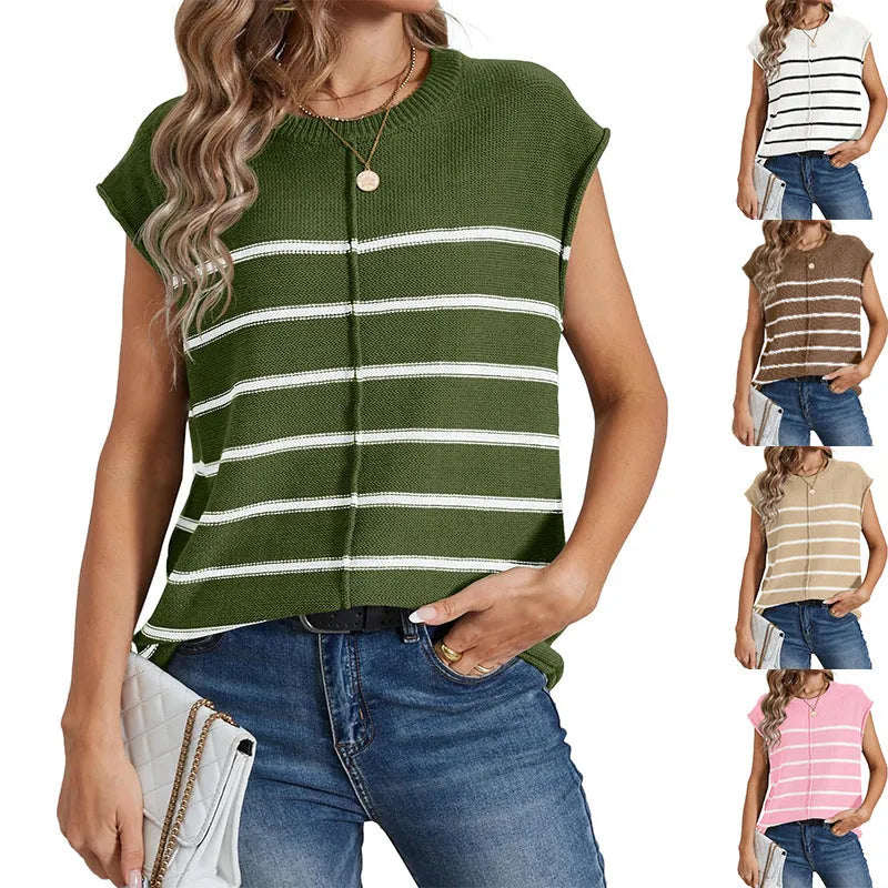 Women's striped sleeveless pullover top with bone stitch detailing in apricot colour